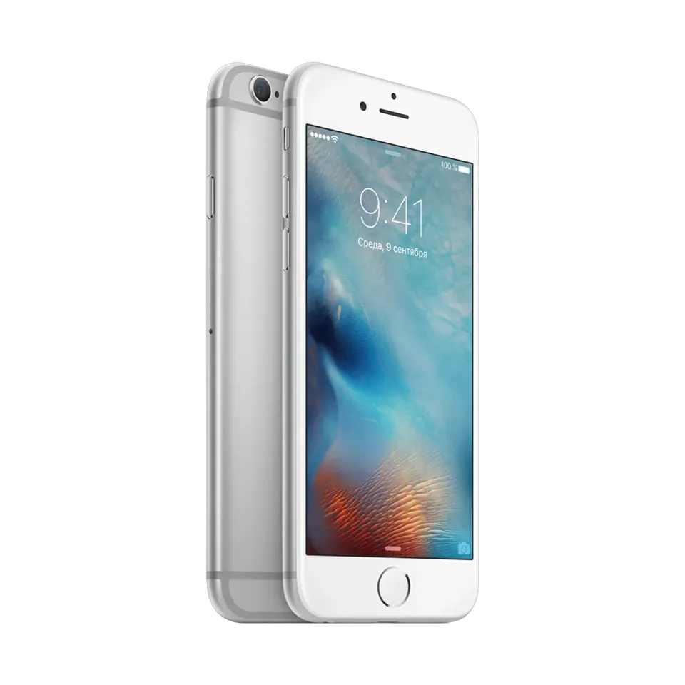 Apple iPhone 6s in Silver, front and back, side angle