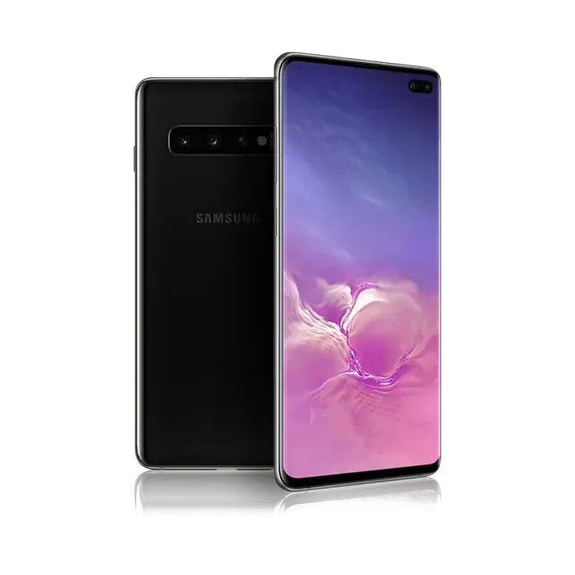 Samsung Galaxy S10+ in Prism Black, back and front