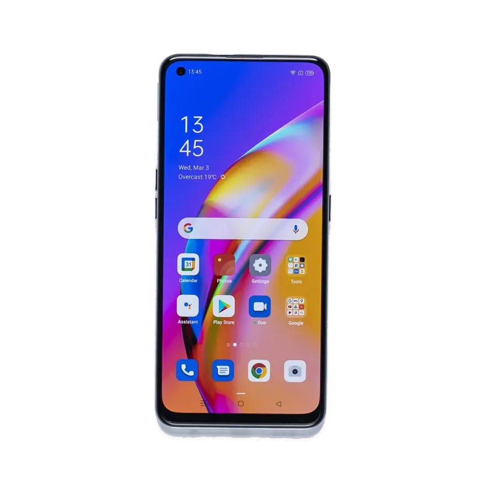 OPPO F19 Pro+ 5G in Space Silver, front, home screen