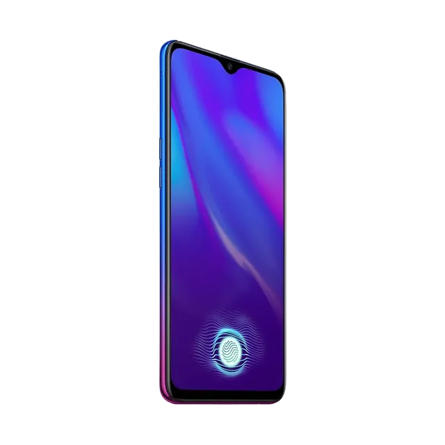 OPPO A18 in Glowing Blue, front, side angle