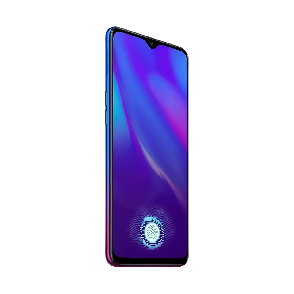 OPPO A18 in Glowing Blue, front, side angle