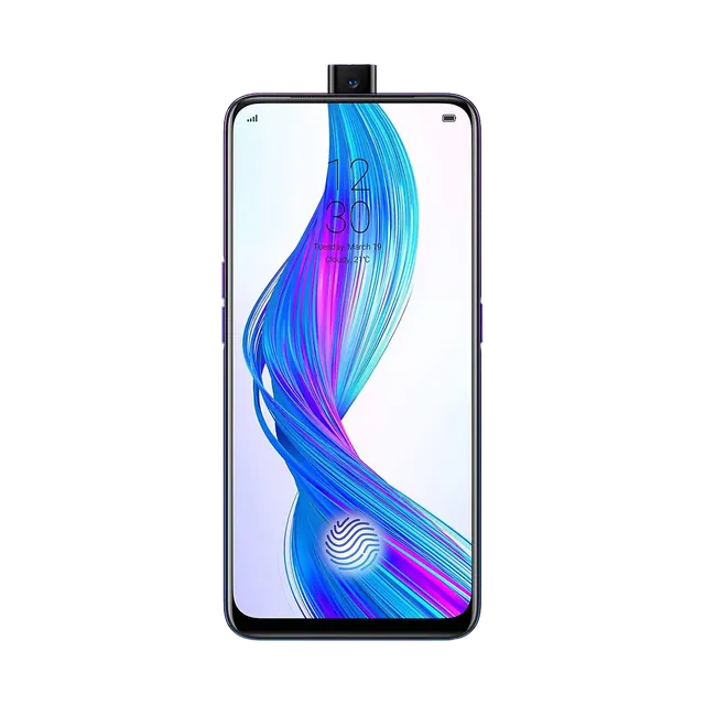 realme X in Punk Blue, front with the pop-up camera raised