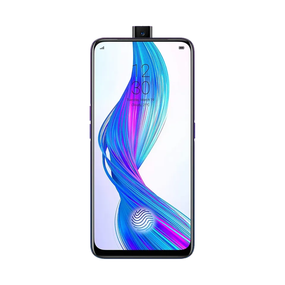 realme X in Punk Blue, front with the pop-up camera raised
