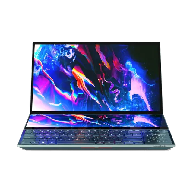 ASUS Zenbook Pro 14 Duo OLED with ScreenPad Plus, open, both screens on