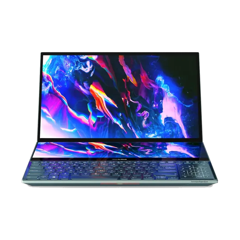 ASUS Zenbook Pro 14 Duo OLED with ScreenPad Plus, open, both screens on
