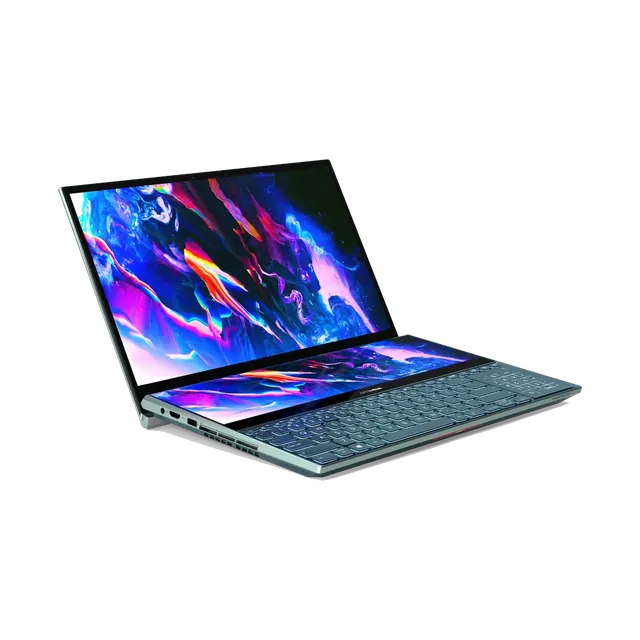 ASUS Zenbook Pro 14 Duo OLED with ScreenPad Plus, angled, ScreenPad Plus raised