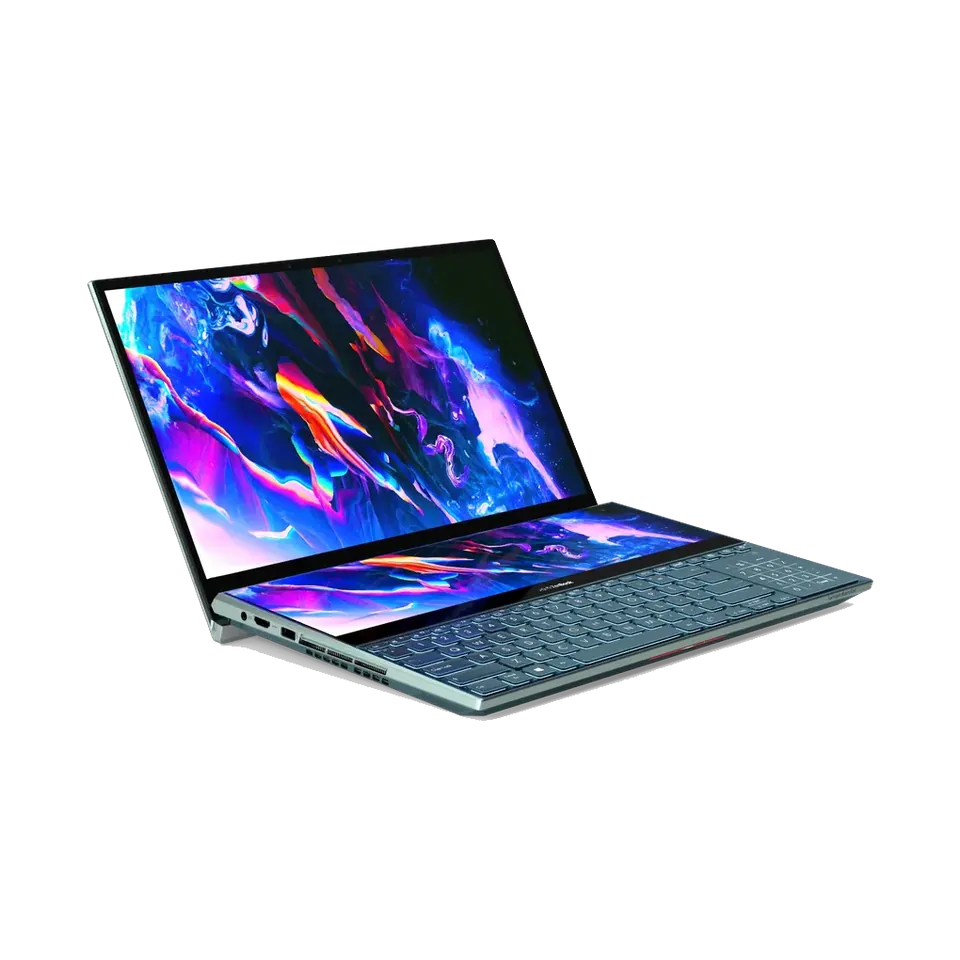 ASUS Zenbook Pro 14 Duo OLED with ScreenPad Plus, angled, ScreenPad Plus raised