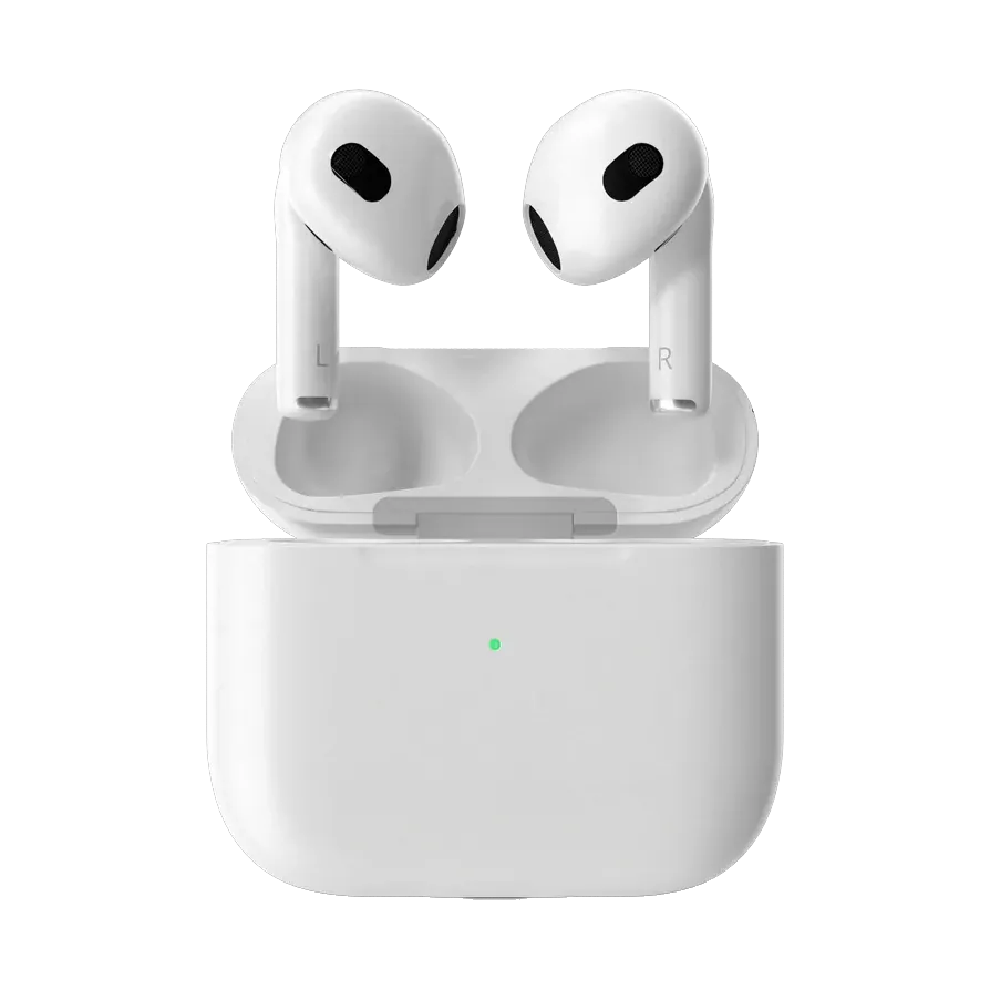 Apple AirPods 4 with charging case, earbuds lifted out of the case