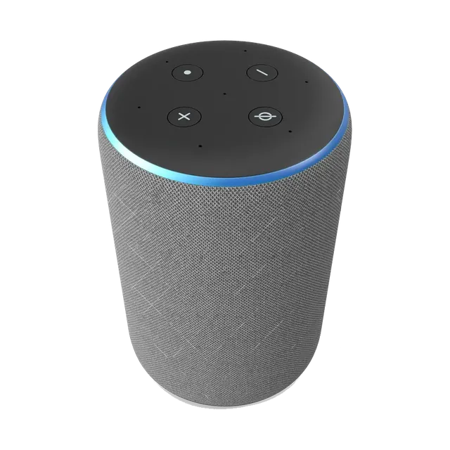 Amazon Echo smart speaker in Heather Grey, top with light ring and buttons