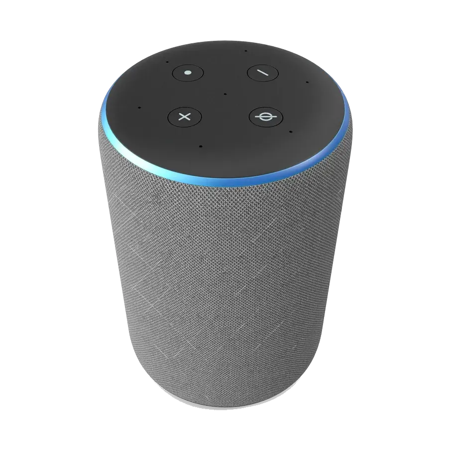 Amazon Echo smart speaker in Heather Grey, top with light ring and buttons