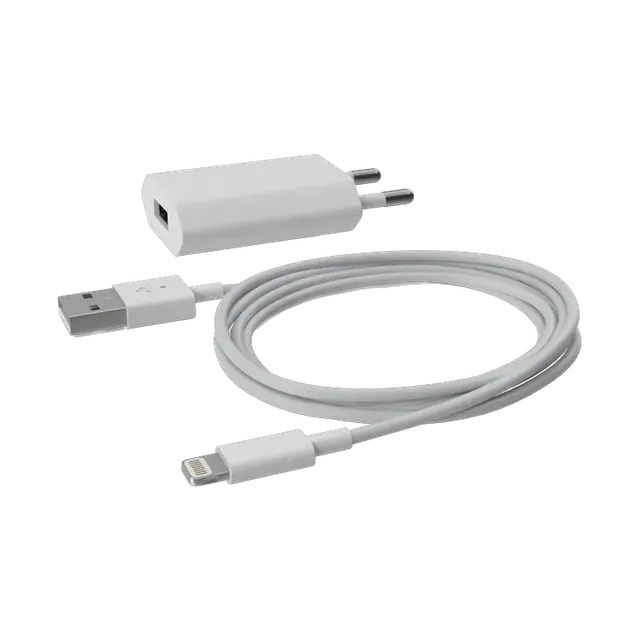 Apple 5W USB power adapter with Lightning cable, two-pin plug and cable