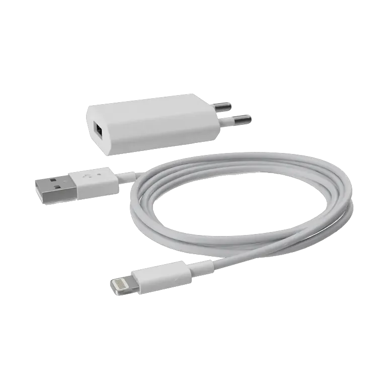 Apple 5W USB power adapter with Lightning cable, two-pin plug and cable