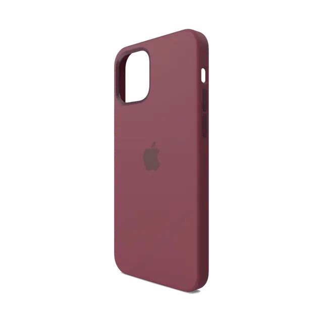 Apple silicone case with MagSafe in Plum, angled view