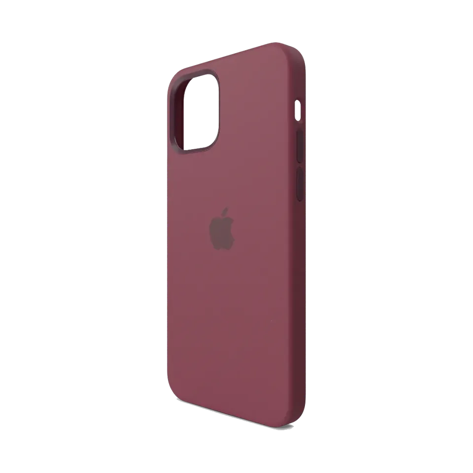 Apple silicone case with MagSafe in Plum, angled view