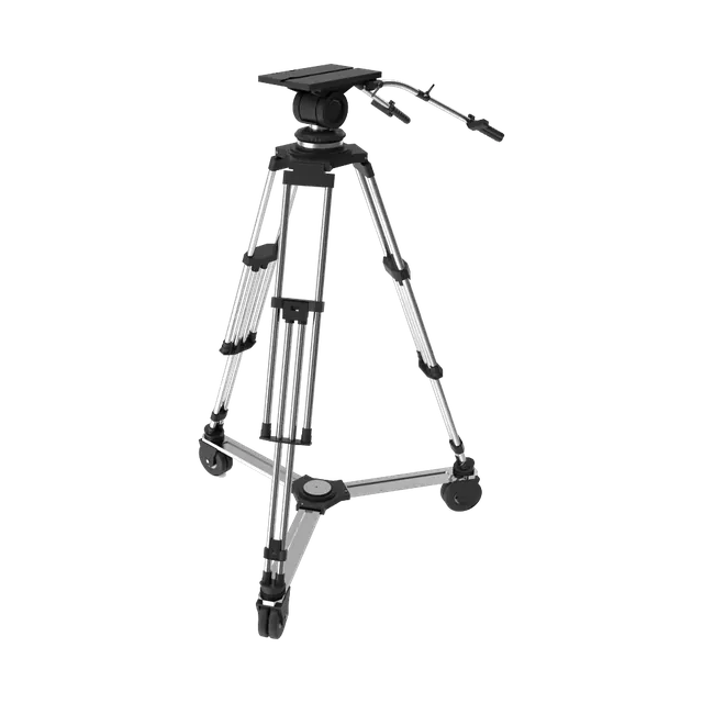 Video tripod with fluid head and wheeled dolly