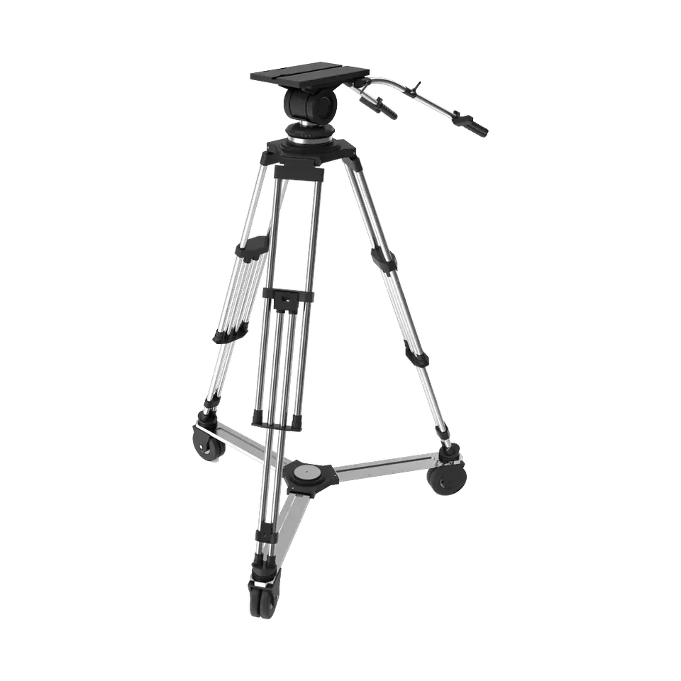Video tripod with fluid head and wheeled dolly