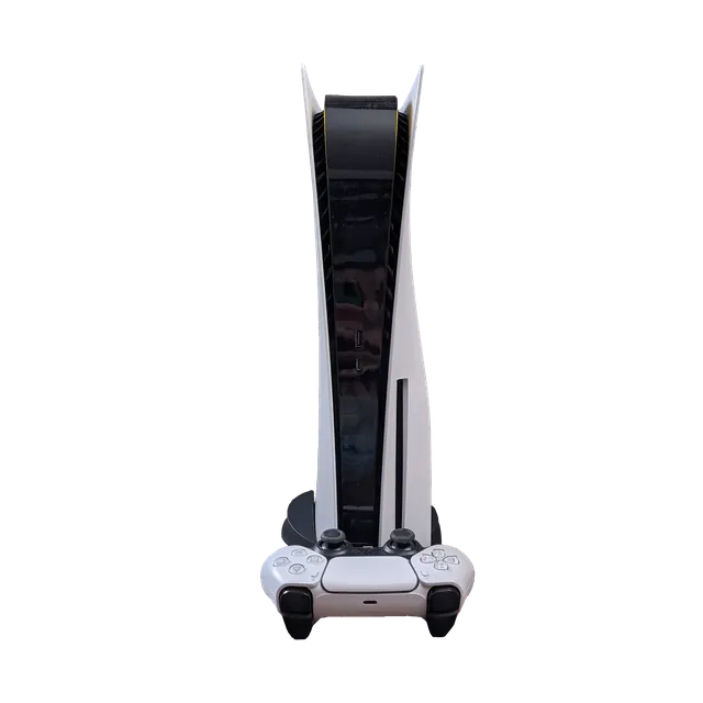 PlayStation 5 Disc Edition standing upright with a DualSense controller