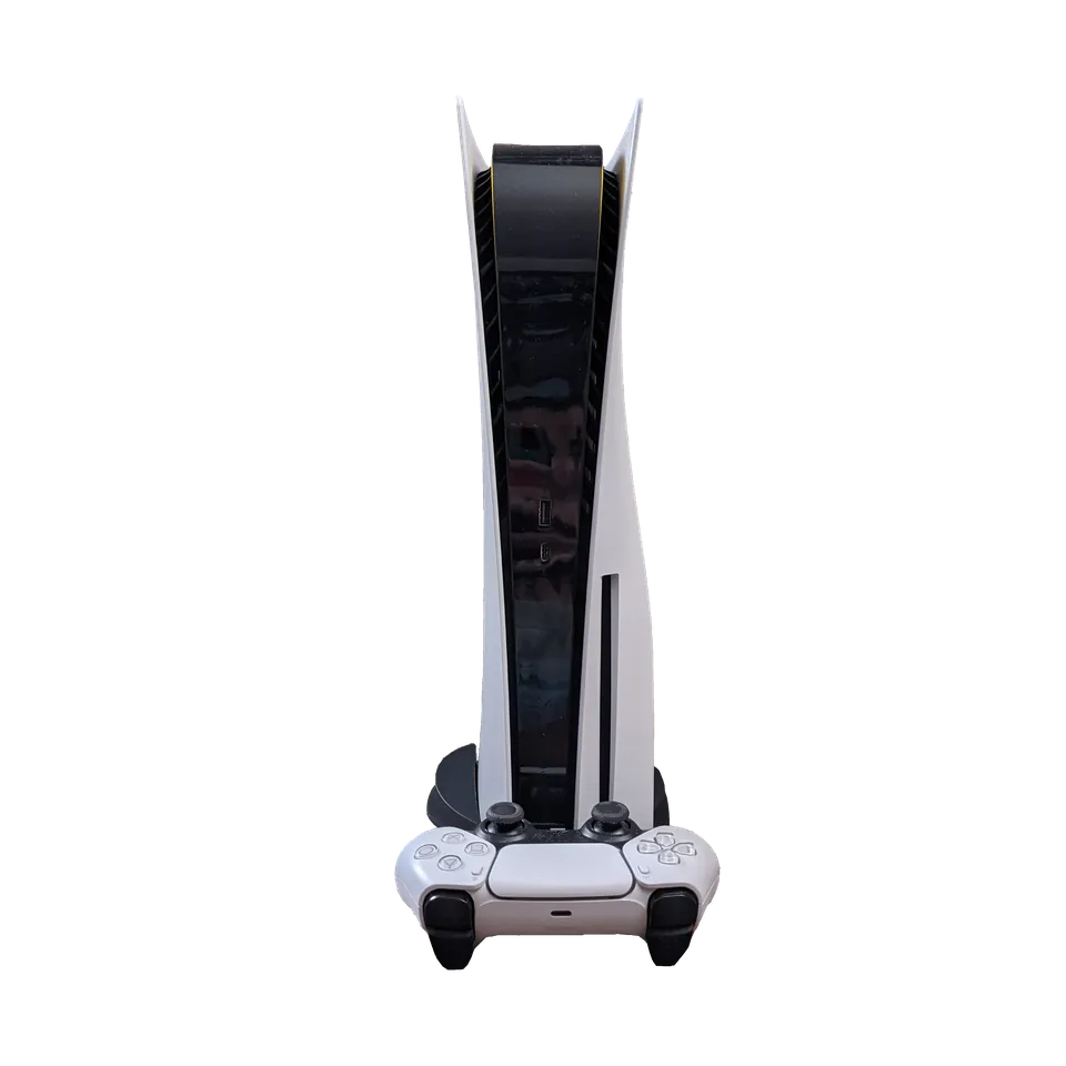 PlayStation 5 Disc Edition standing upright with a DualSense controller