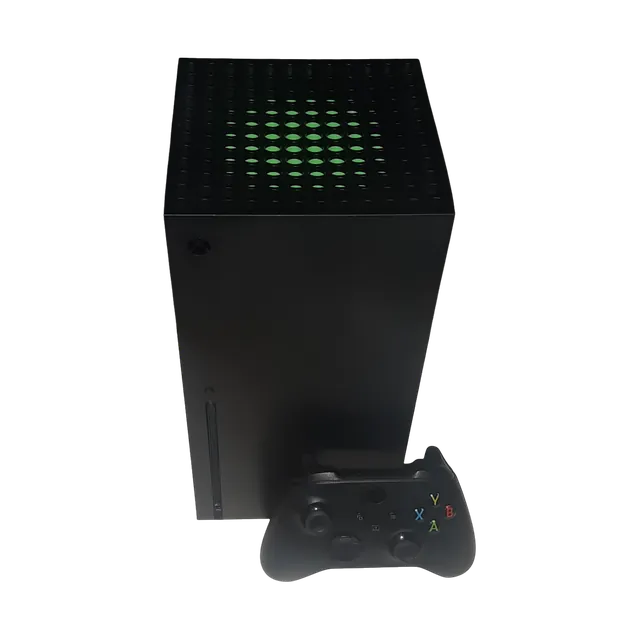 Xbox Series X console with a black wireless controller, front