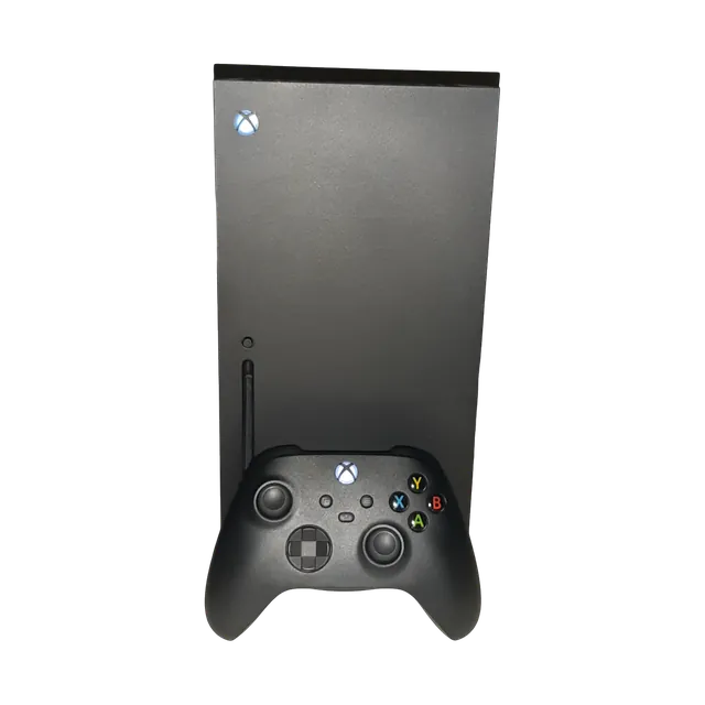 Xbox Series X console with a black wireless controller, angled, controller beside it