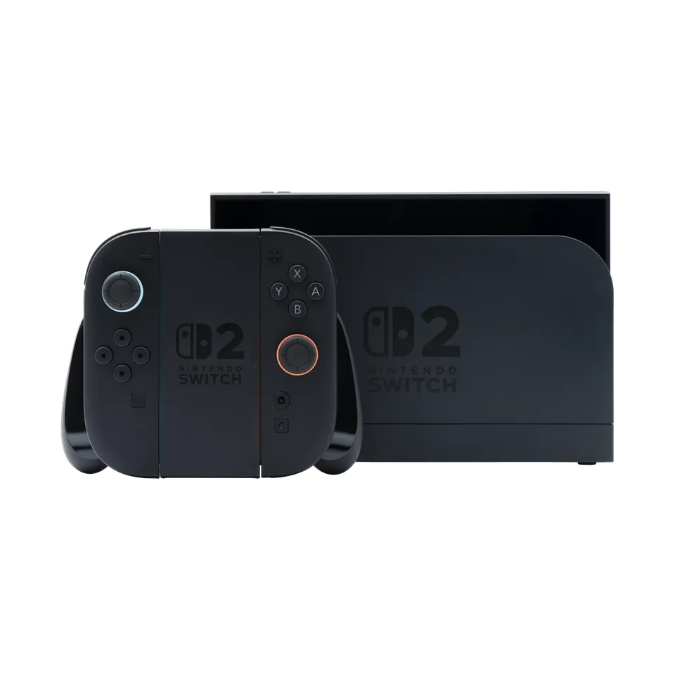 Nintendo Switch 2, docked, with the Joy-Con 2 grip