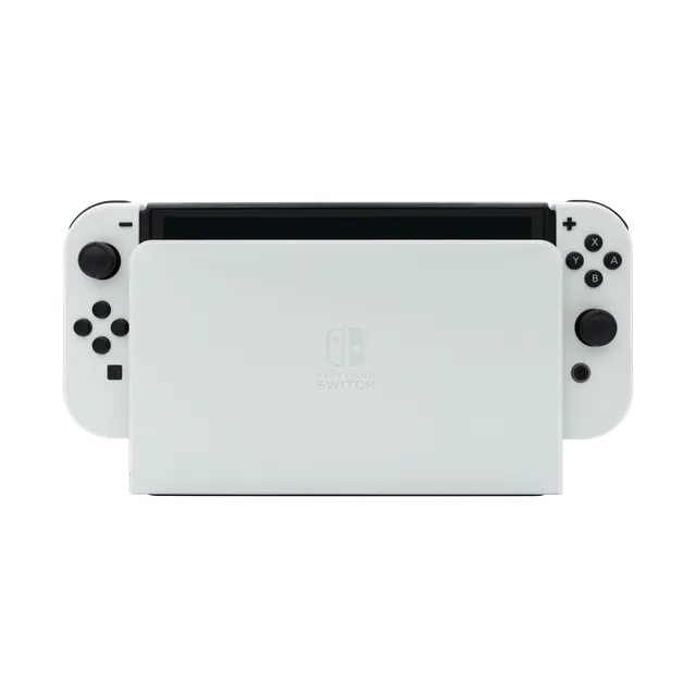 Nintendo Switch OLED Model with white Joy-Con, in the dock