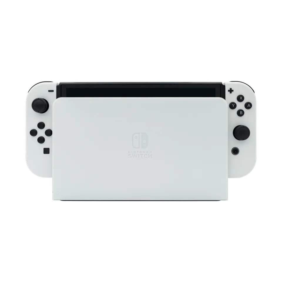 Nintendo Switch OLED Model with white Joy-Con, in the dock