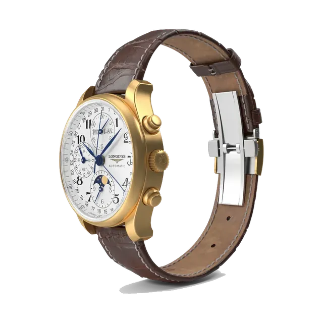 Longines Master Collection moonphase chronograph in yellow gold, angled, showing the buckle