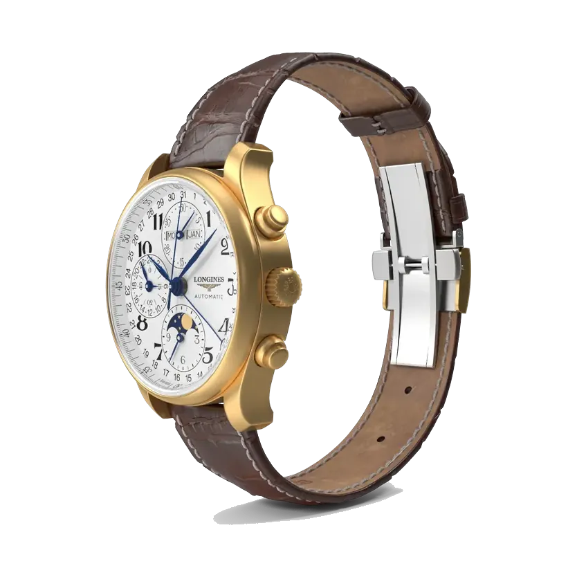 Longines Master Collection moonphase chronograph in yellow gold, angled, showing the buckle