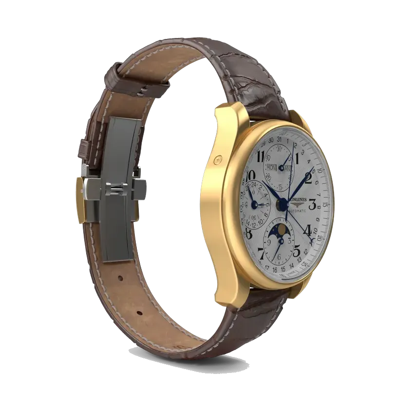 Longines Master Collection moonphase chronograph in yellow gold, case profile