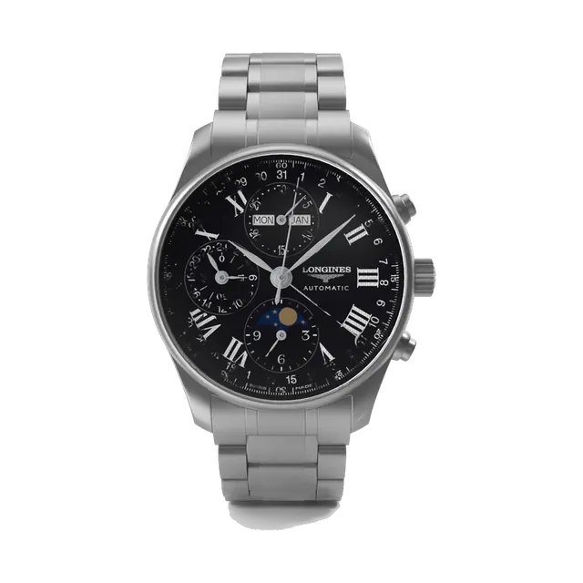 Longines Master Collection moonphase chronograph in steel with black dial, dial