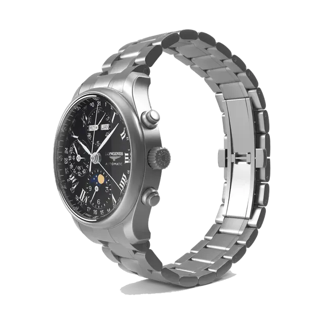 Longines Master Collection moonphase chronograph in steel with black dial, angled bracelet view