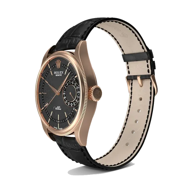 Rolex Cellini Date in Everose gold with black dial, angled view