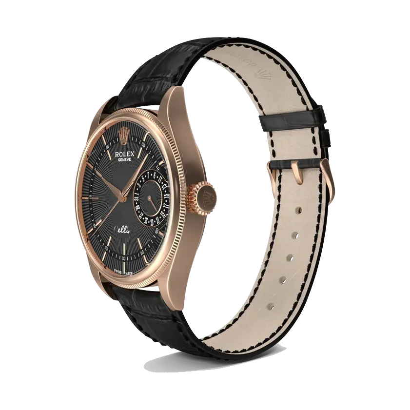 Rolex Cellini Date in Everose gold with black dial, angled view