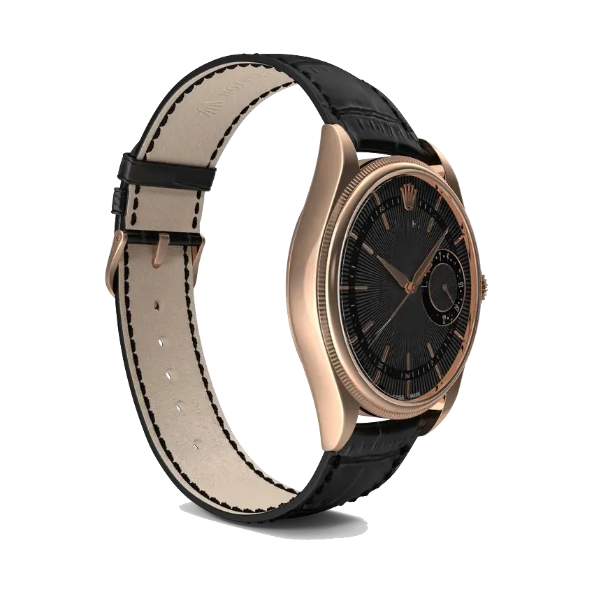 Rolex Cellini Date in Everose gold with black dial, case profile and strap