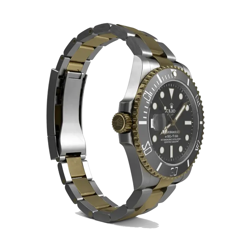 Rolex Submariner Date two-tone with black bezel, side with the Glidelock clasp