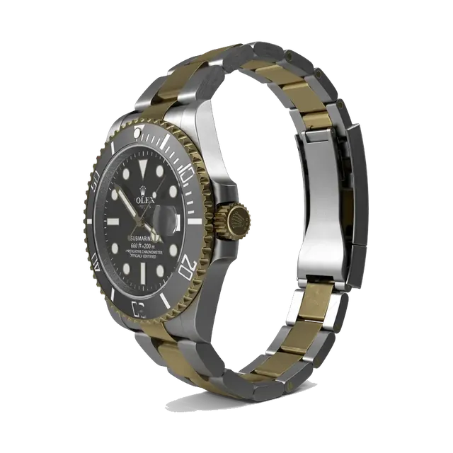 Rolex Submariner Date two-tone with black bezel, angled bracelet view