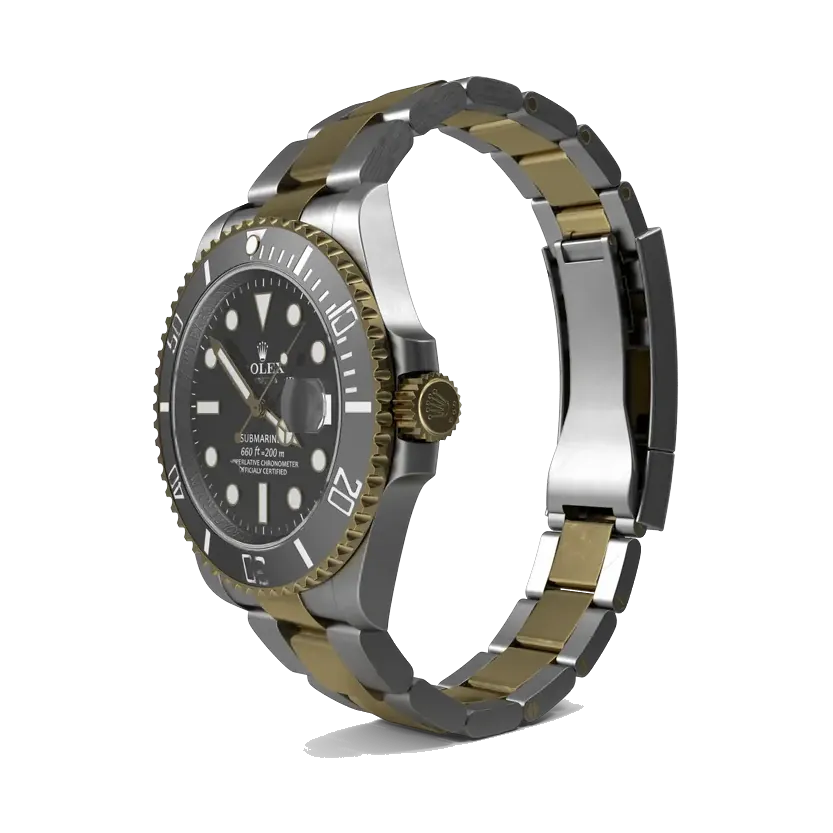 Rolex Submariner Date two-tone with black bezel, angled bracelet view