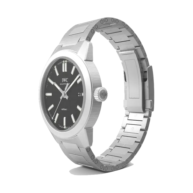 IWC Ingenieur Automatic in steel with black dial, angled view