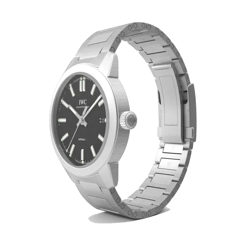 IWC Ingenieur Automatic in steel with black dial, angled view
