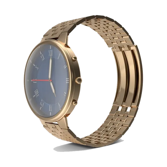 Daniel Klein gold-tone women's watch with navy dial, angled bracelet view