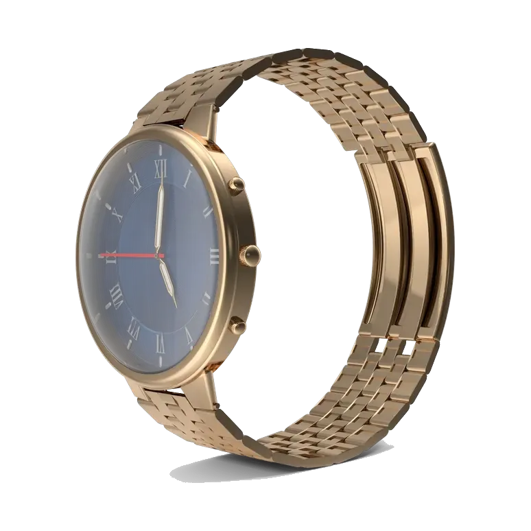 Daniel Klein gold-tone women's watch with navy dial, angled bracelet view