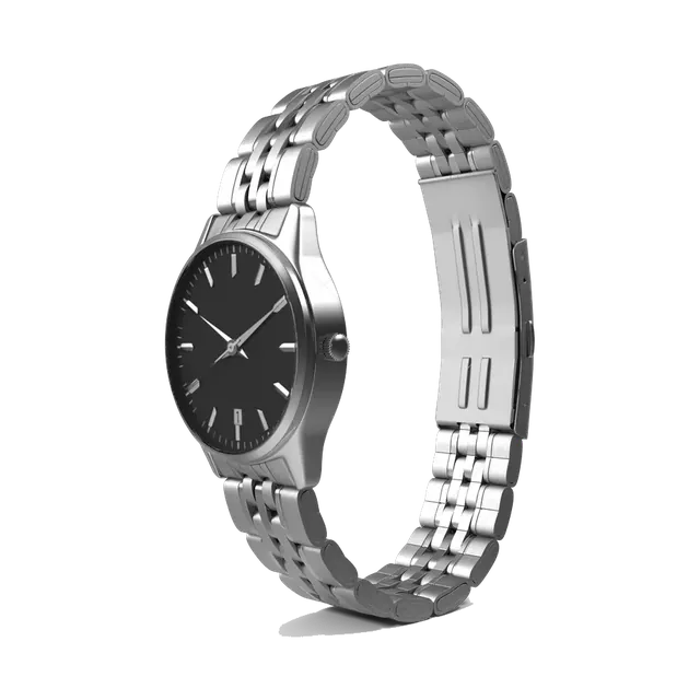 Casio Enticer steel watch with black dial, angled bracelet view