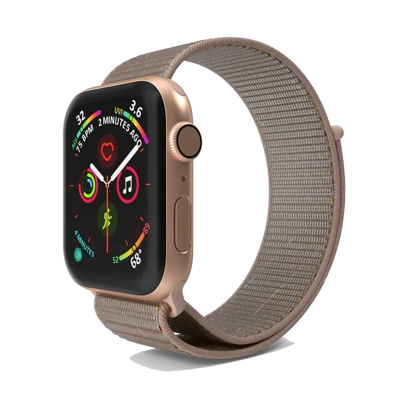 Apple Watch SE 3 in Starlight aluminium with Sport Loop, angled, with the Sport Loop