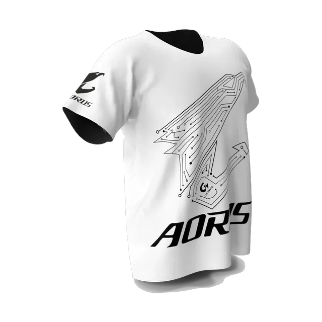 White AORUS gaming T-shirt with eagle print, angled from the other side