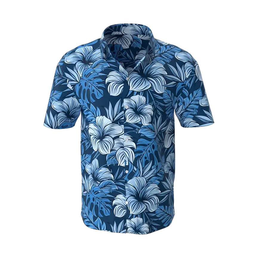 Concrete short-sleeve shirt with blue hibiscus print, front