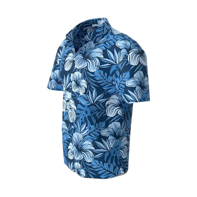 Concrete short-sleeve shirt with blue hibiscus print, angled view