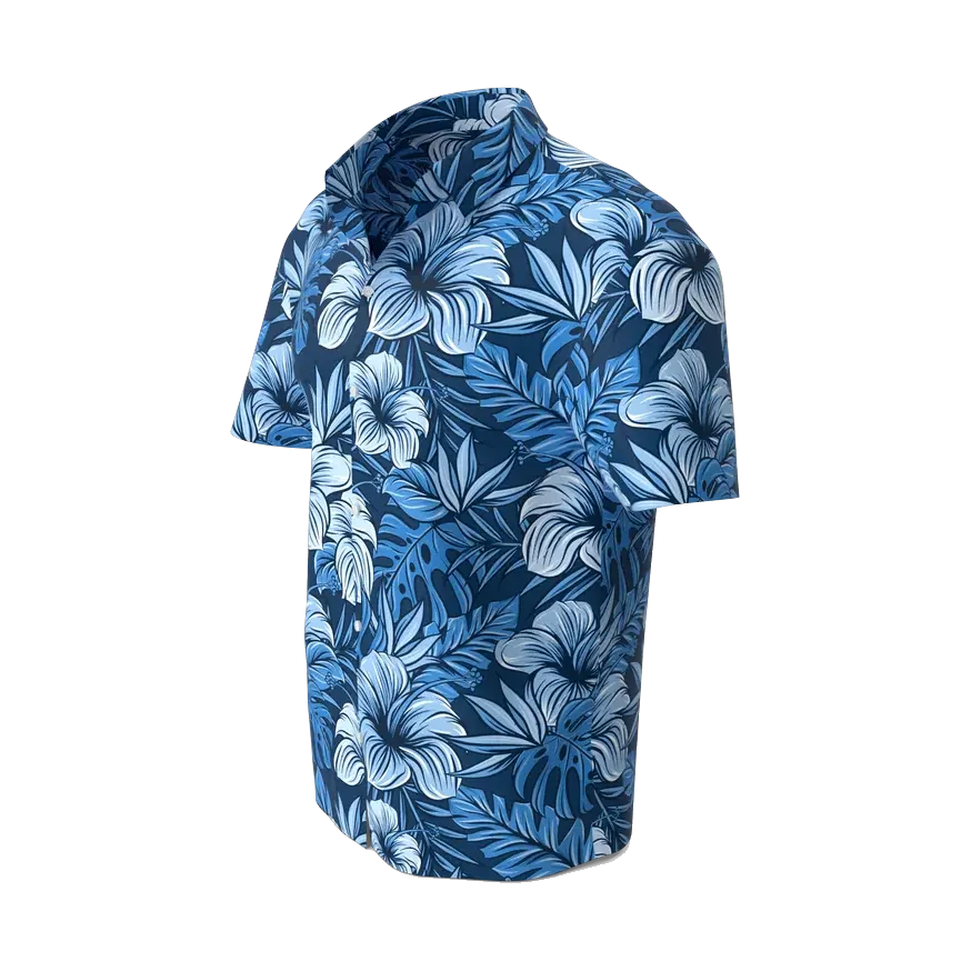 Concrete short-sleeve shirt with blue hibiscus print, angled view