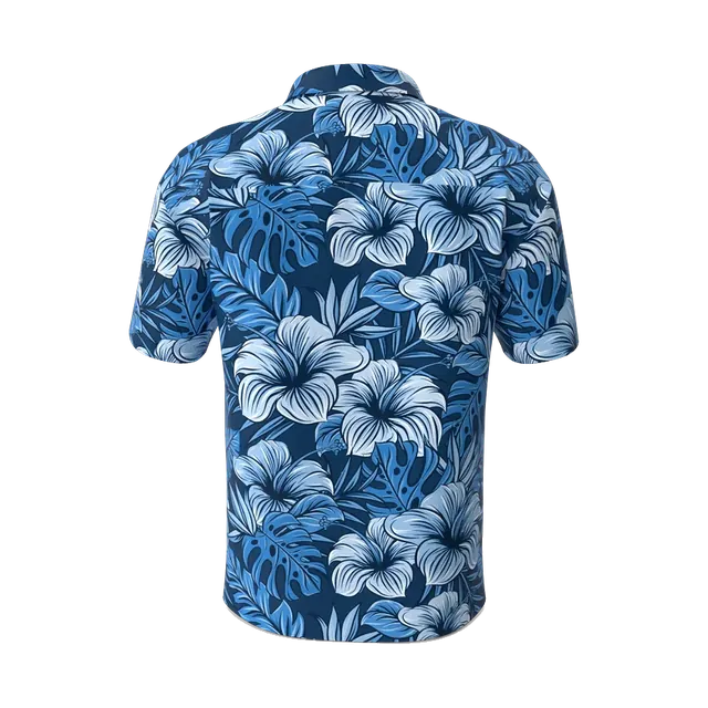 Concrete short-sleeve shirt with blue hibiscus print, back