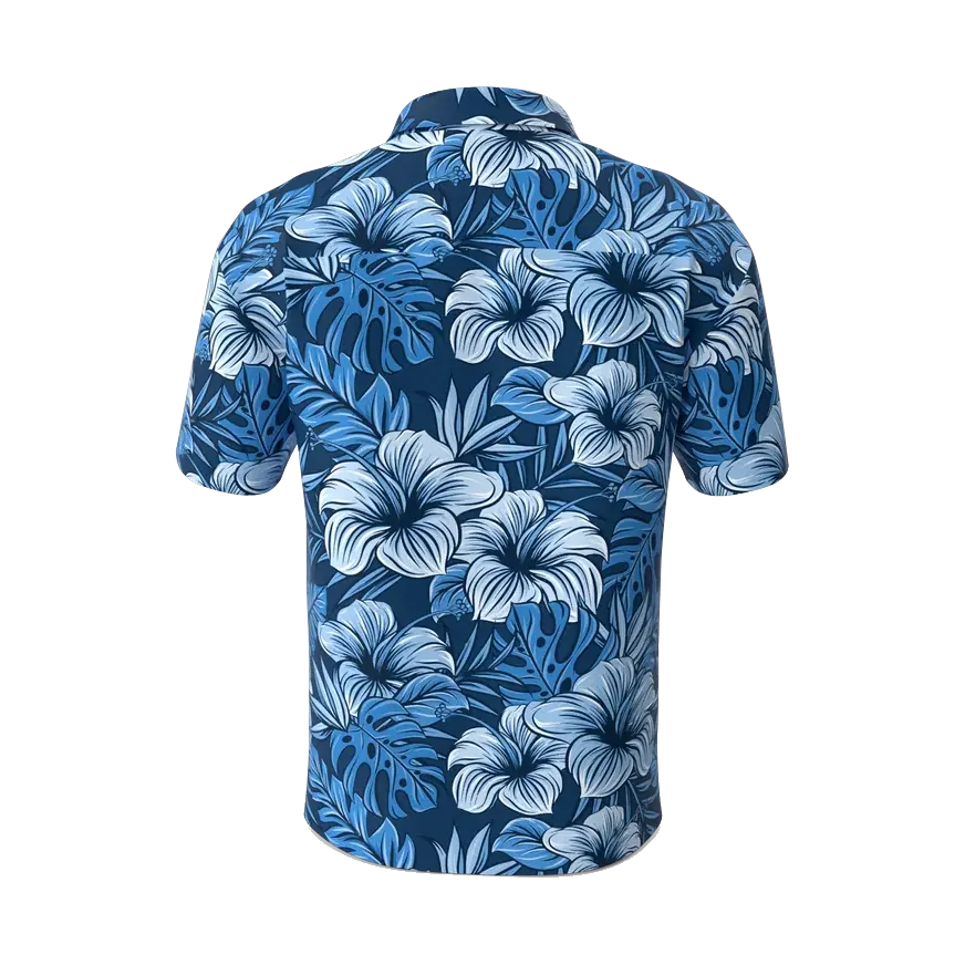 Concrete short-sleeve shirt with blue hibiscus print, back